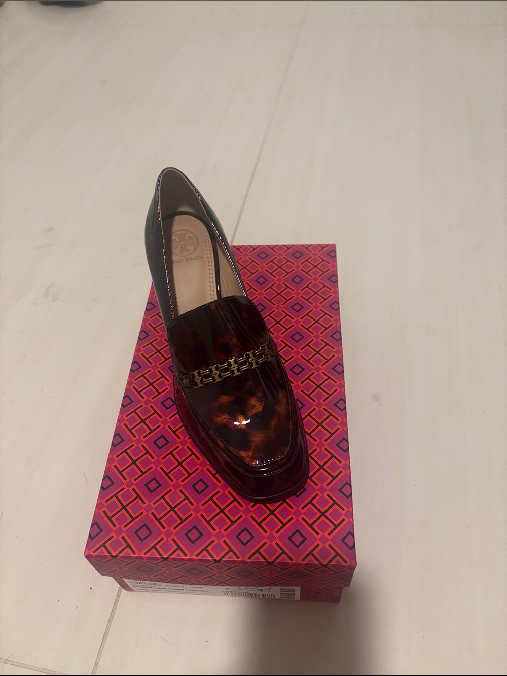 Tory Burch Tortoiseshell Patent Leather Loafer with Gold Chain